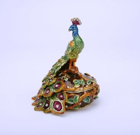 Round Male Peacock Figurine Box Swarovski Crystals Bird Jewelry, Trinket Keepsake or Pill Box FIGURINE