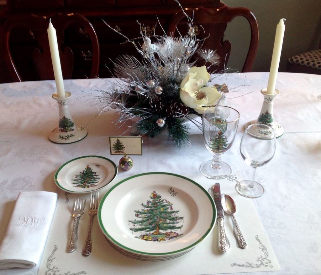 A Table set with the Spode Christmas Tree china and glasses. (photo by Janis Jordon)